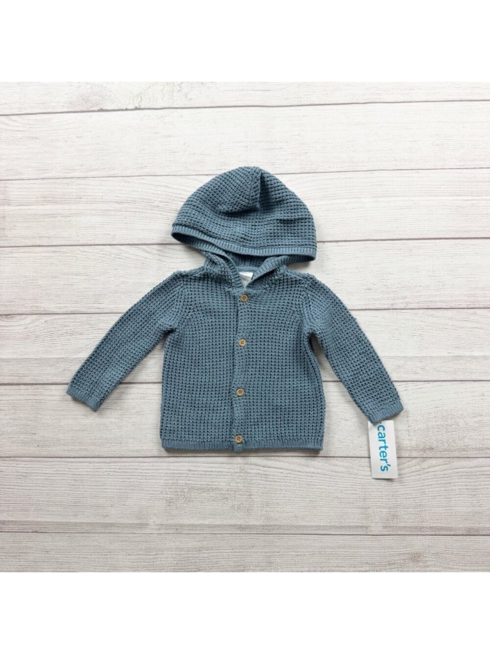 Carter's Baby Blue Hooded Button Up Waffle Knit Cardigan Sweater NWT 3-6 Months